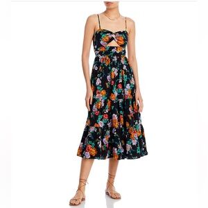 AQUA Black Floral Midi Dress - Cutout Bust - Size S - Summer / Wedding